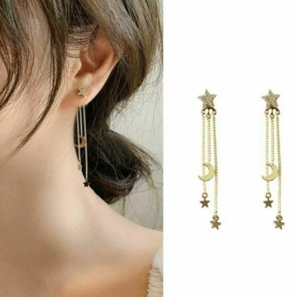 Gold & Crystal Star & Moon Tassel Chain Earrings - Picture 3 of 7